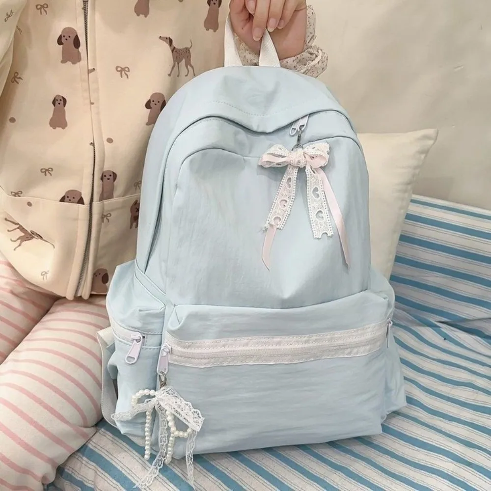 Nylon Material Nylon Shoulder Bag Solid Color Lace Bow Detail Large Capacity Backpack 14-Inch Laptop Compatible Large Capacity