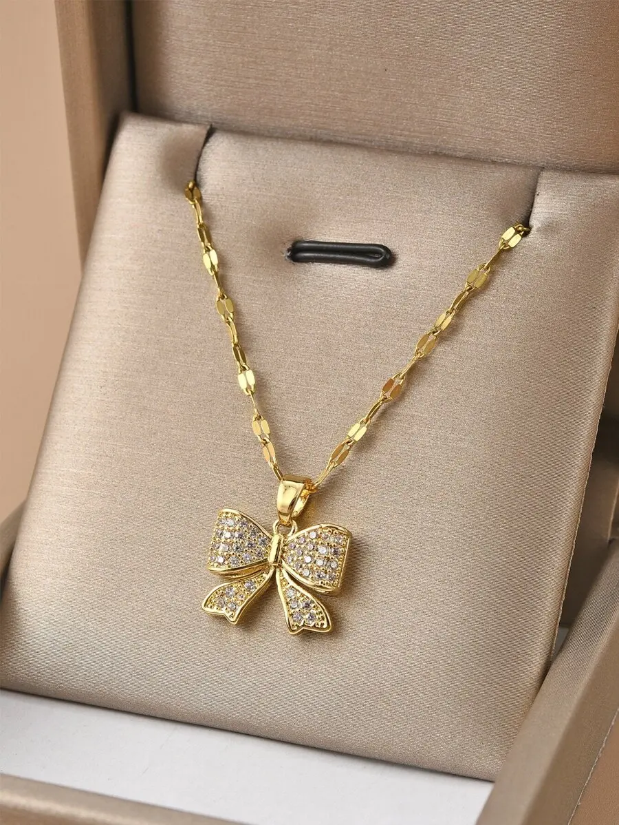 1pc Full Rhinestone Bowknot Stainless Steel Women's Pendant Necklace Valentines,Mom,Mother,Mother's Day,Gift