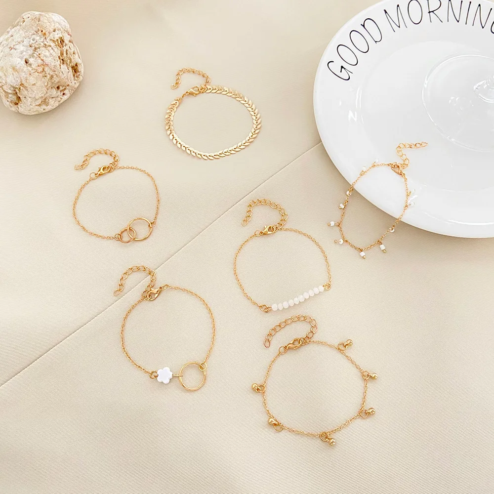 6 Piece Set Gold color Geometric Bracelet Flower Tassel Leaf Circle Bracelets For Women Bracelets & Bangles Jewelry Set 1CF3 - view 4