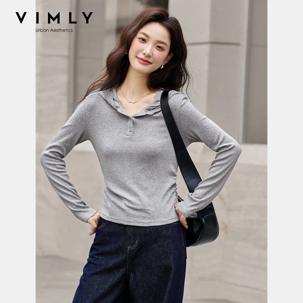 

VIMLY Long Sleeve Knitted T-shirt Autumn 2025 Woman Casual Solid Lace Hooded Slim Ruched Button Female Tees Women Clothes A1985