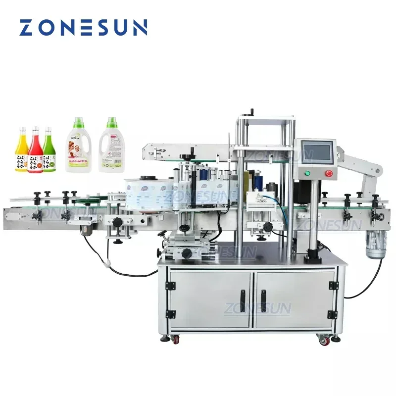 Zonesun ZS-TB300Z máquina automática de rotulagem de garrafas de uso duplo, adesivo de garrafa redonda e quadrada, aplicador de etiquetas de lados duplos