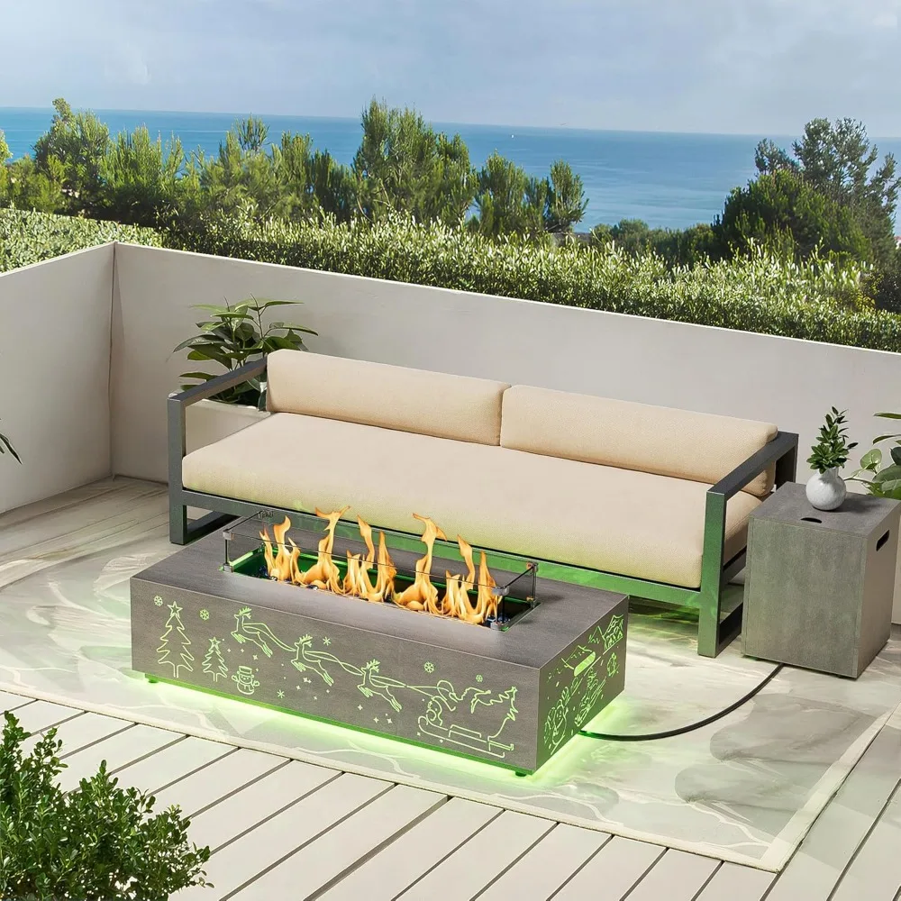 42 طاولة حفرة نار من البروبان مع زخرفة مقطوعة لعيد الميلاد وأضواء RGB - بقدرة 5000 وحدة حرارية بريطانية مع زجاج واقي من الرياح وغطاء وصخور وCov #2