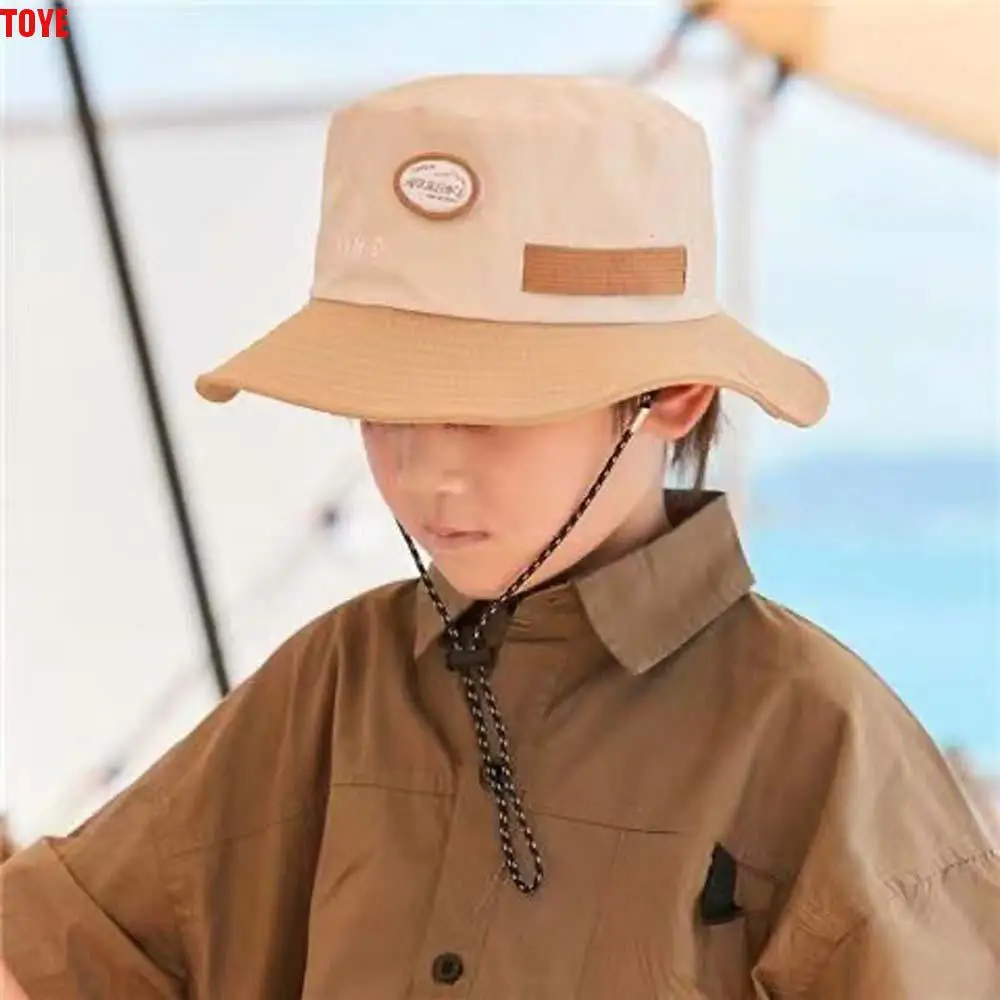 

Breathable Children Fisherman Hat Korean Style Contrast Color Kids Bucket Cap Windproof Rope Anti-UV Quick-dry Sun Hat Spring