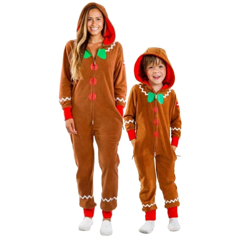 Costumi di omino di pan di zenzero Famiglia Tuta con cappuccio Abiti natalizi Bambini Articoli per la casa marroni Costume di pan di zenzero Pigiama Cosplay Tutina