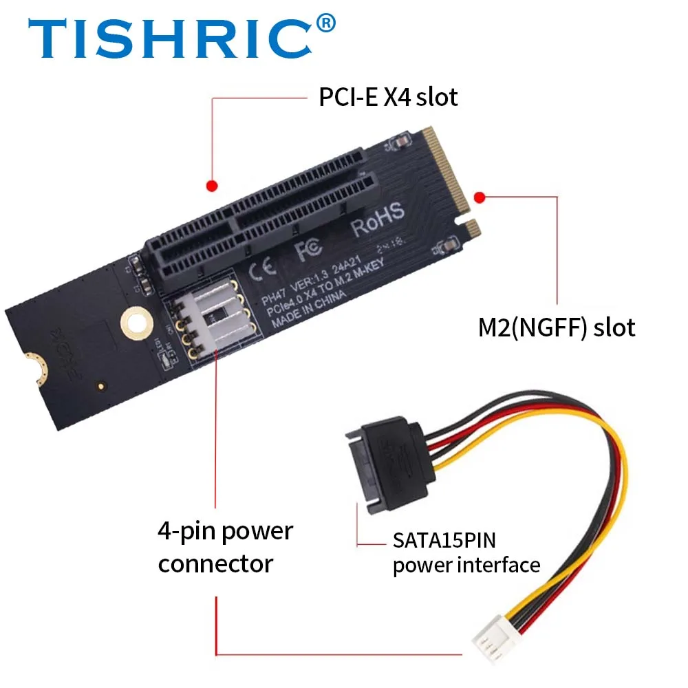 

TISHRIC M.2 NGFF to PCI-E X4 Adapter Card M2 Port PCIE Expansion SATA Power Riser for SSD Conversion