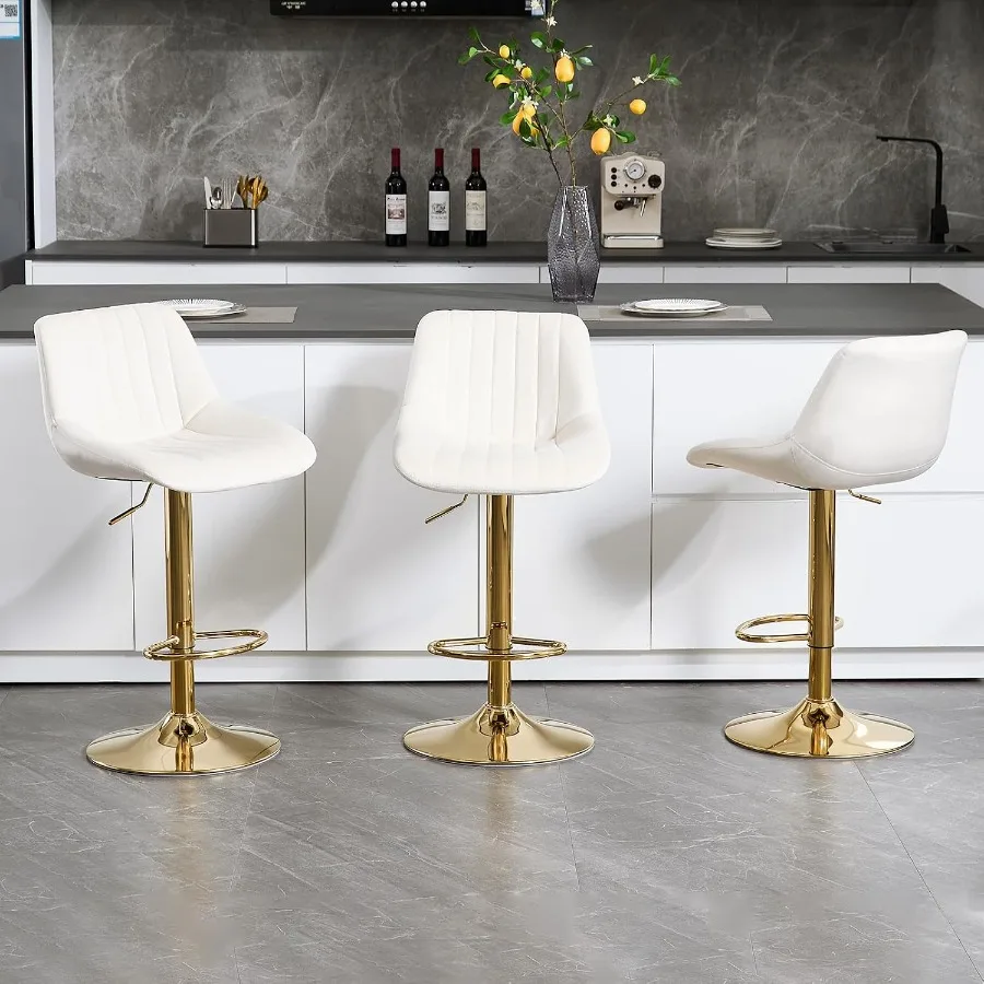 Velvet Adjustable Bar Stools 3, Modern Swivel Barstools with Back, Golden Metal Base and Footrest, Upholstered Armless Bar Chai