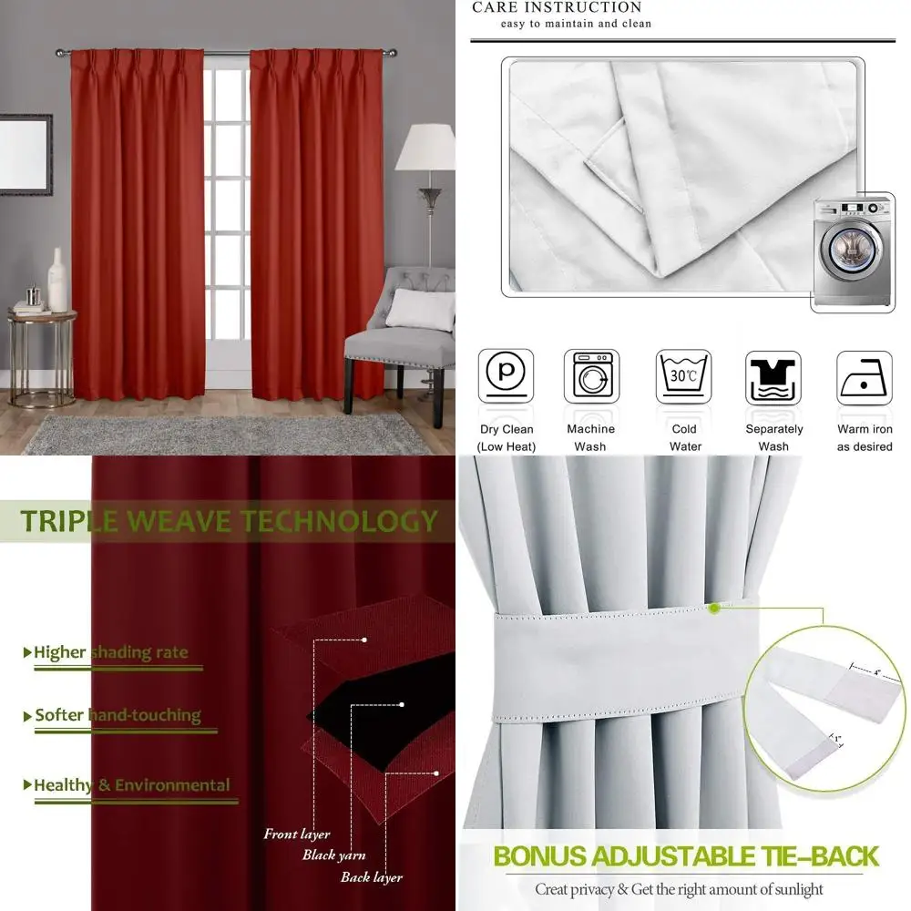 Double Pinch Pleated Curtains Pair - Ideal for Living Room, Bedroom, Bungalow, Hall - Window Treatments - Brick Red, 96 Wide