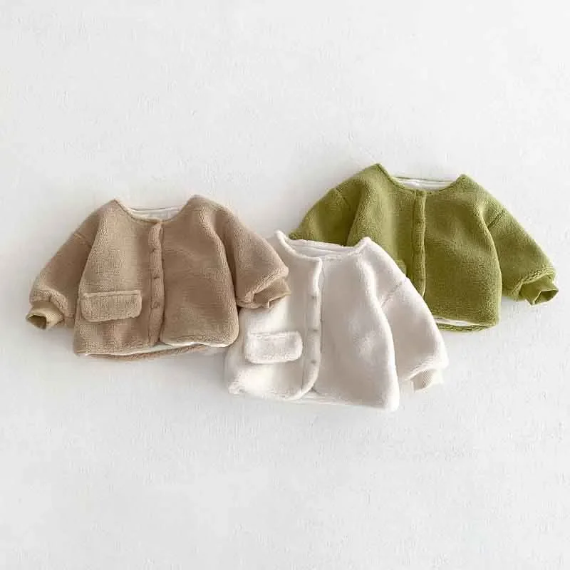 INS Winter Baby Coat 0-3Years Newborn Boy Girl Solid Color Long Sleeve Plush Woolen Fleece Thicken Warm Cardigan Outwear Clothes