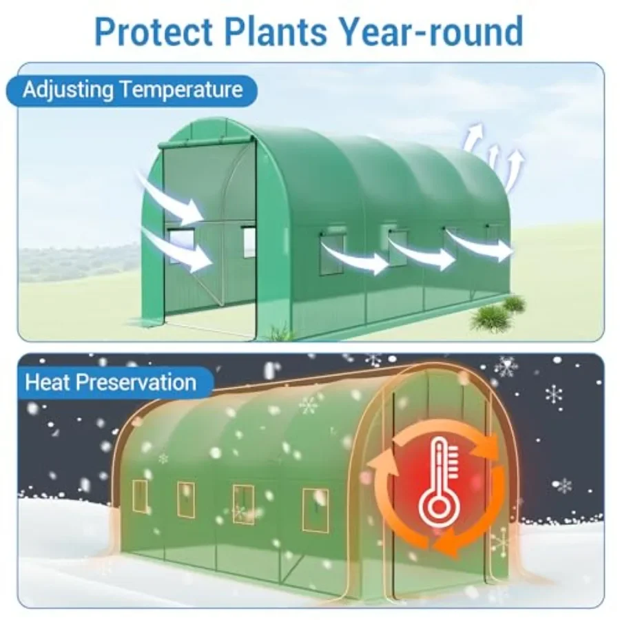 Outdoor gardening walk-in tunnel greenhouse: heavy duty galvanized steel frame, green PE cover, roll-up zipper door 8 vent wind