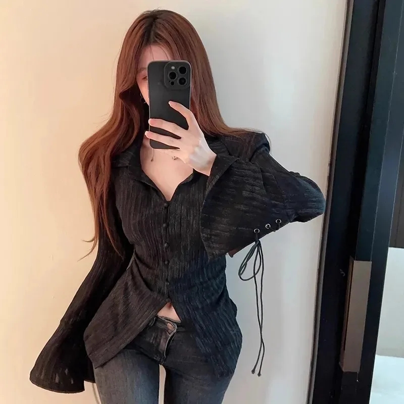 Solid Color Fashion Long Sleeve Shirt Women's Slim Striped Bell Sleeve Lapel Top