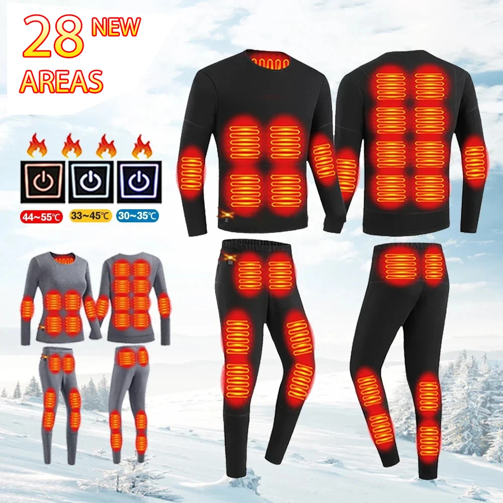 28 Zones Heated Underwear Set Winter Heated Suit Set USB Electric Powered Thermal Heating Pants Tops Outdoor Sports Men Women