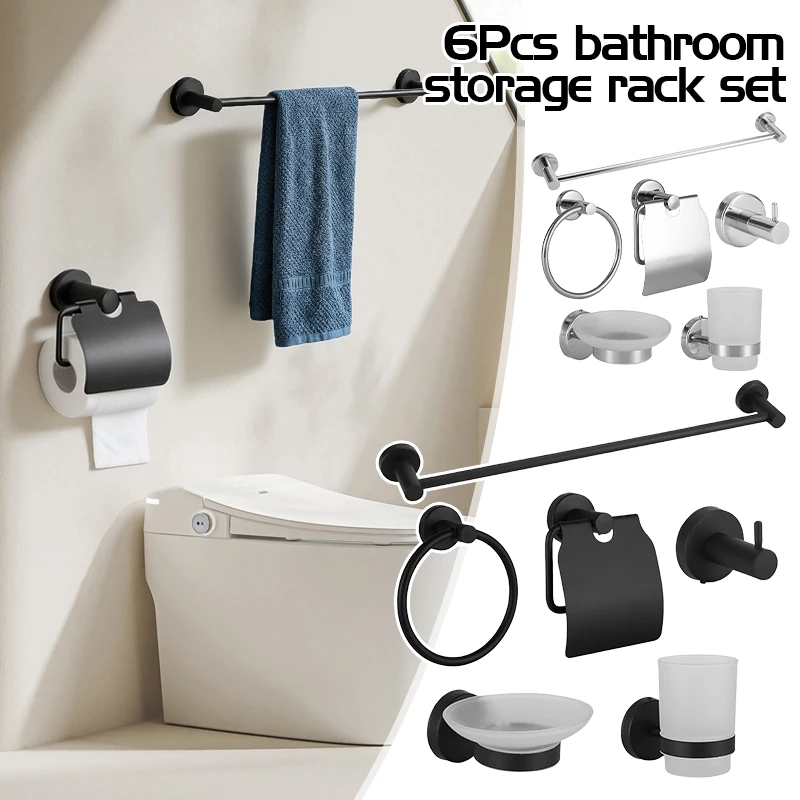 

6PCS Stainless Steel Bathroom Storage Rack Set Towel Rack Toilet Paper Toilet Cleaning Brush Soap Holder Bathroom Accessory Set