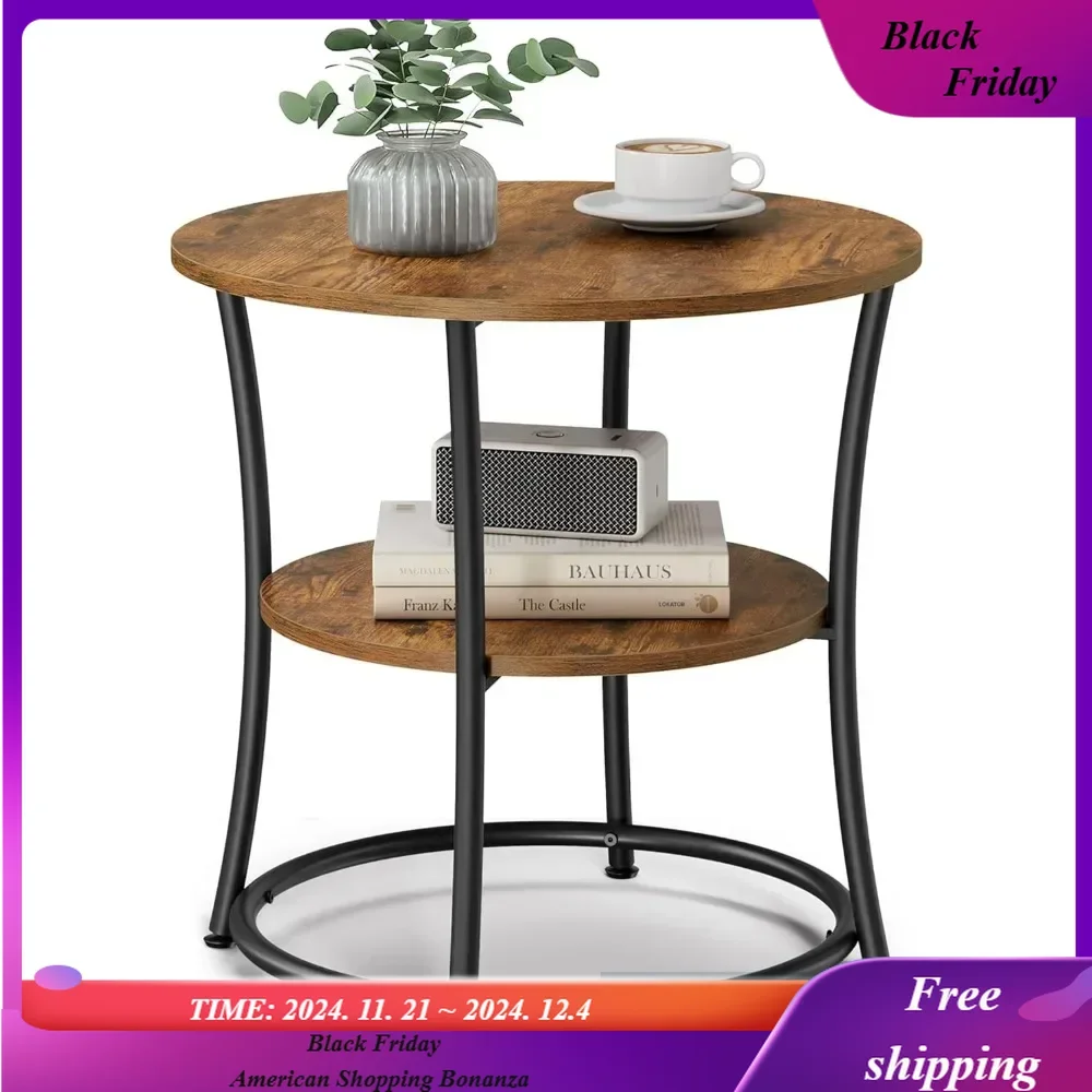 

Side Table, Round End Table with 2 Shelves for Living Room, Bedroom, Nightstand with Steel Frame for Small Spaces