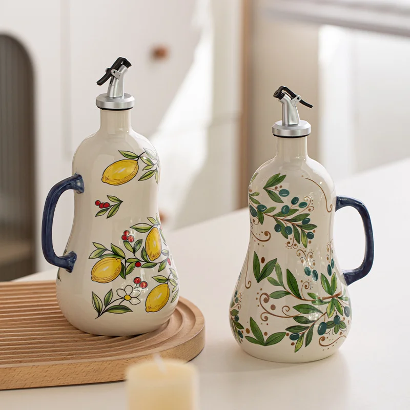 Hand Painted Ceramic Oil Vinegar Bottle Lemon Olive Pattern Leak Proof No Drip With Handle Kitchen Olive Oil Soy Sauce Dispenser view 6