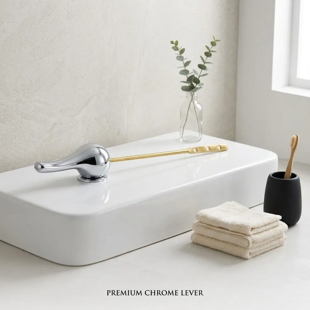 Flush Button Switch and Wrench for Chrome Toilet Tanks Designed for Compatibility with Typical Tank Lid Fasteners