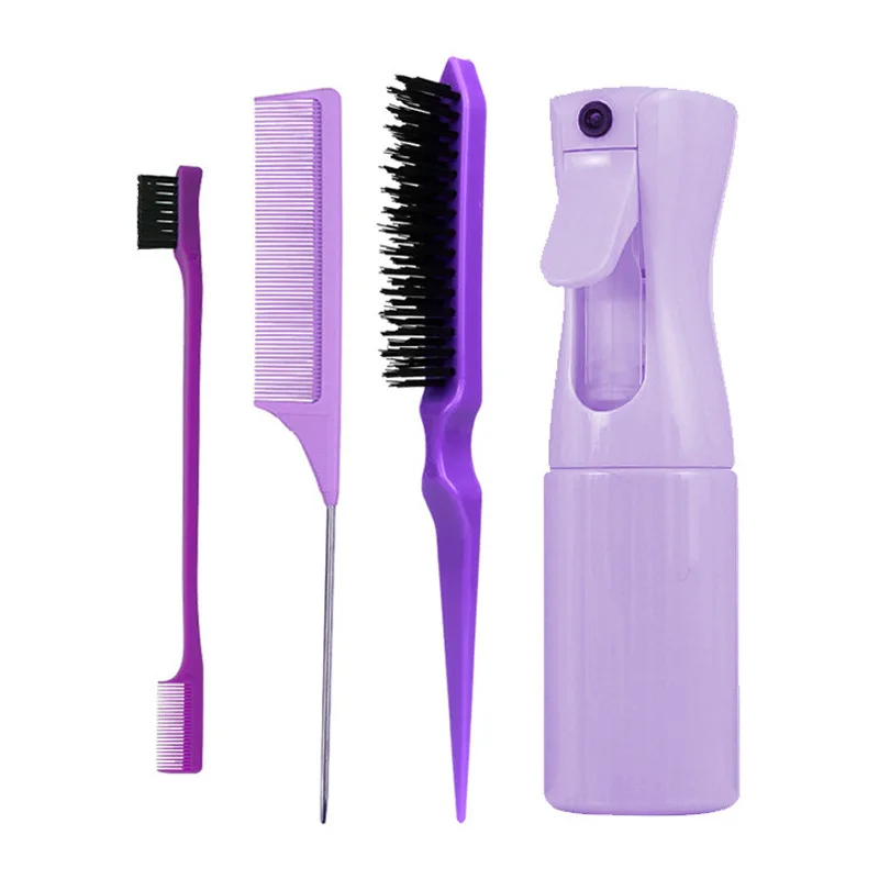 4 pcs/Set Hair Brush Brush Edge Control Brush Set Hairdressing Spray Bottle Hair Braiding Loop Rat Tail Comb Teasing Hair Tool