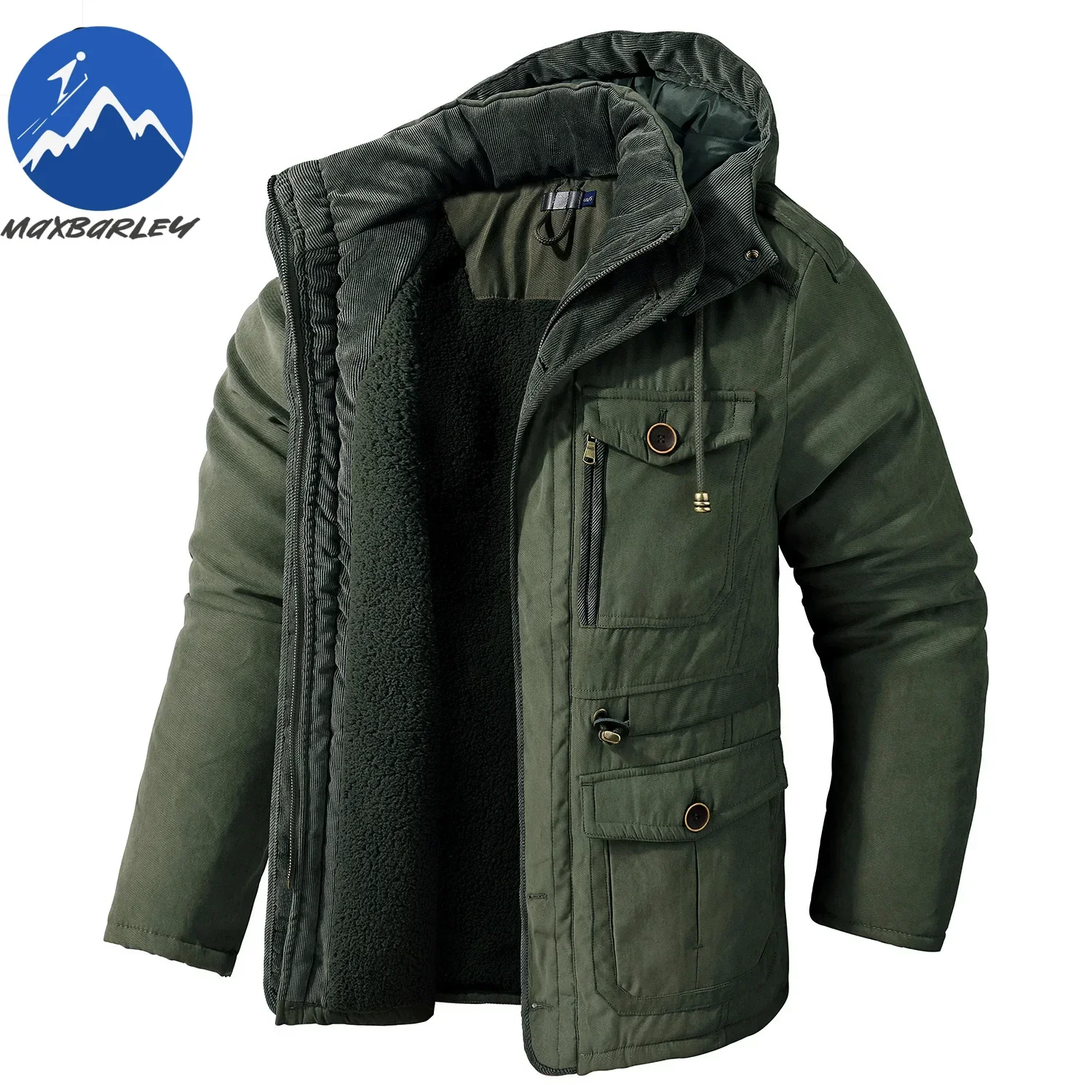 

Windproof Fleece Jacket Men's Winter Vintage Warm Thick Hooded Parka 2024 New Camping Snow Cold-proof Pocket Coat Men's Clothing