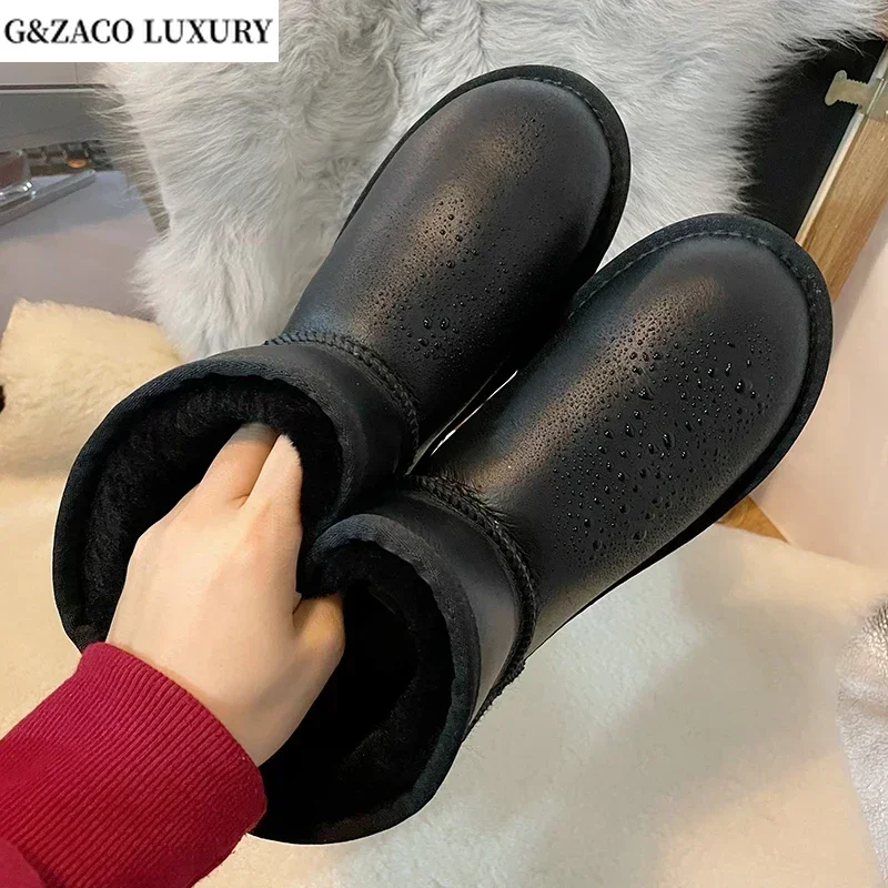 Shearling Winter Waterproof Snow Boots Plush Size Genuine Leather Women Sheepskin Wool Short Boots Flat Warm Thick Cotton Shoes