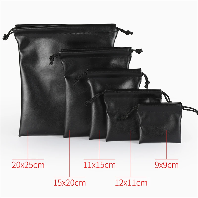 StoBag 5pcs Black PU Leather Bags Small Drawstring for Headphone Storage Package Waterproof Dustproof Portable Pocket Pouches