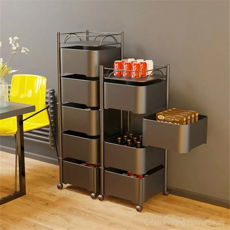 Rotatable Kitchen Cart Furniture Storage Shelf Living Room Side Table Storage Rack Trolley Rolling Storage Cart with Drawers