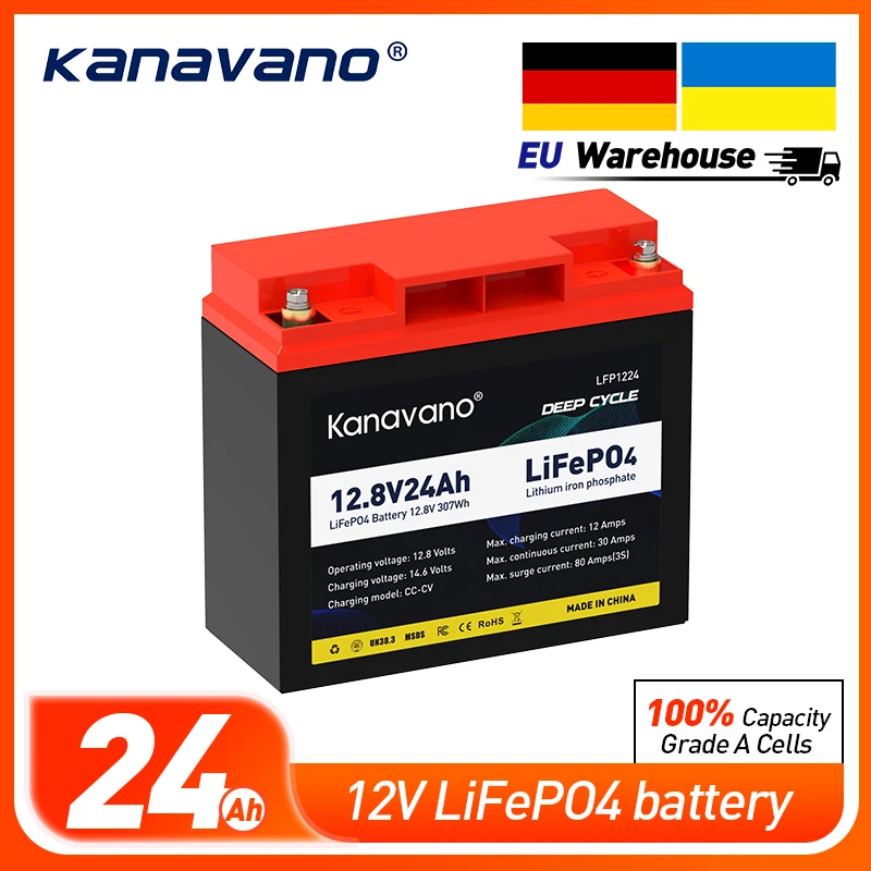 

Kanavano Rechargeable 12v 24Ah Lifepo4 Battery Pack For Solar Energy Storage Systems Deep Cycle Battery With 4A EU/US Charger