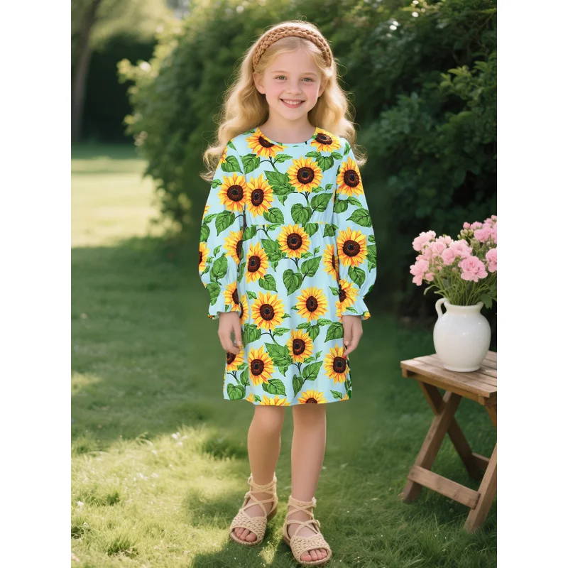 

2025 New Style Girls' Fresh Sunflower Print Long-sleeved Children's Dress