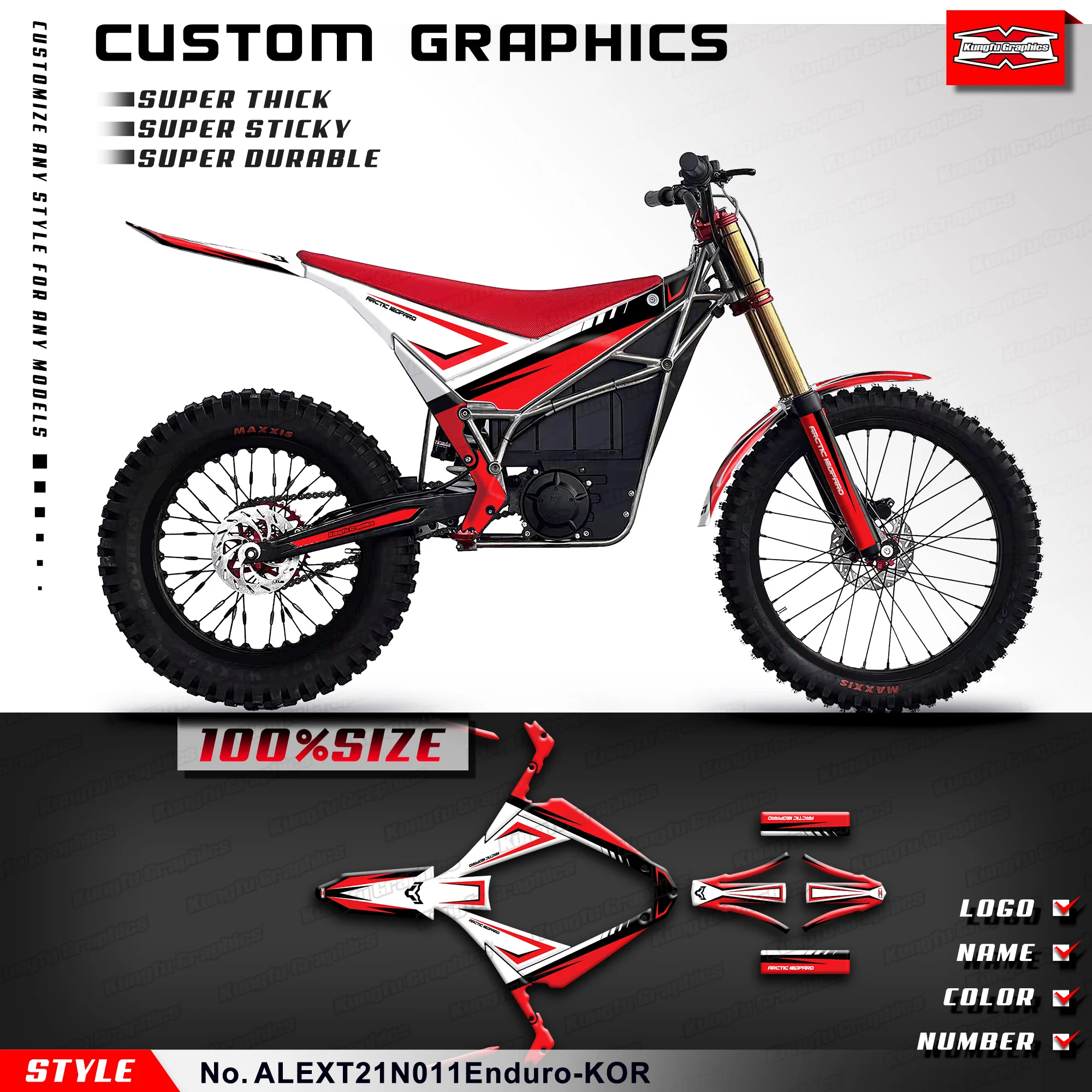 

KUNGFU GRAPHICS Adhesive Sticker Motorcycle Graphics for Arctic Leopard E-XT Electric Off-road Enduro Trial Red White
