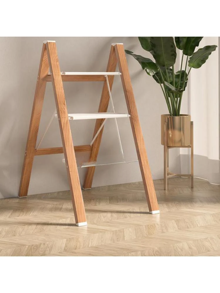 

imitation solid wood household ladder folding ladder stool multi-functional thickened aluminum alloy indoor three-step