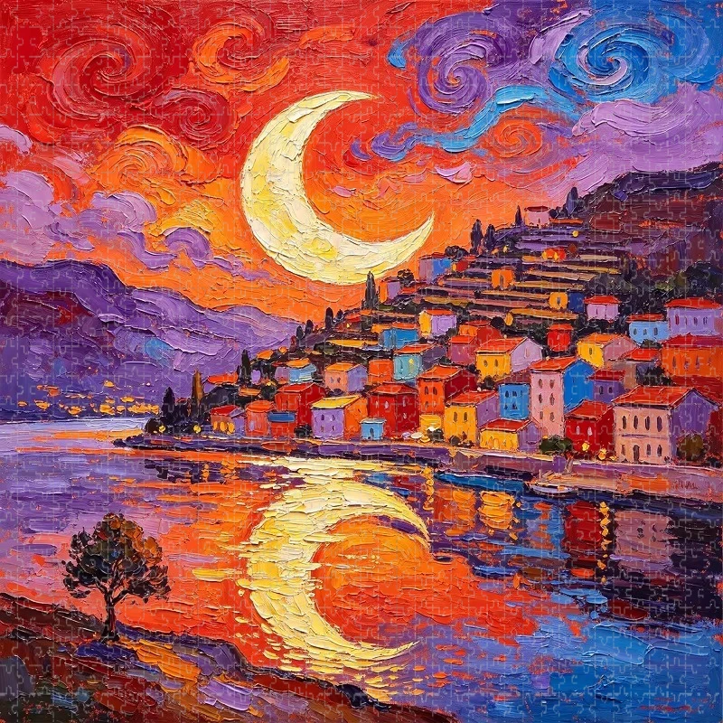 Jigsaw Puzzle 500/1000 Pieces Crescent Moon Seaside Paper Puzzles Adult Present Portable Box for Family Games Educational Toys