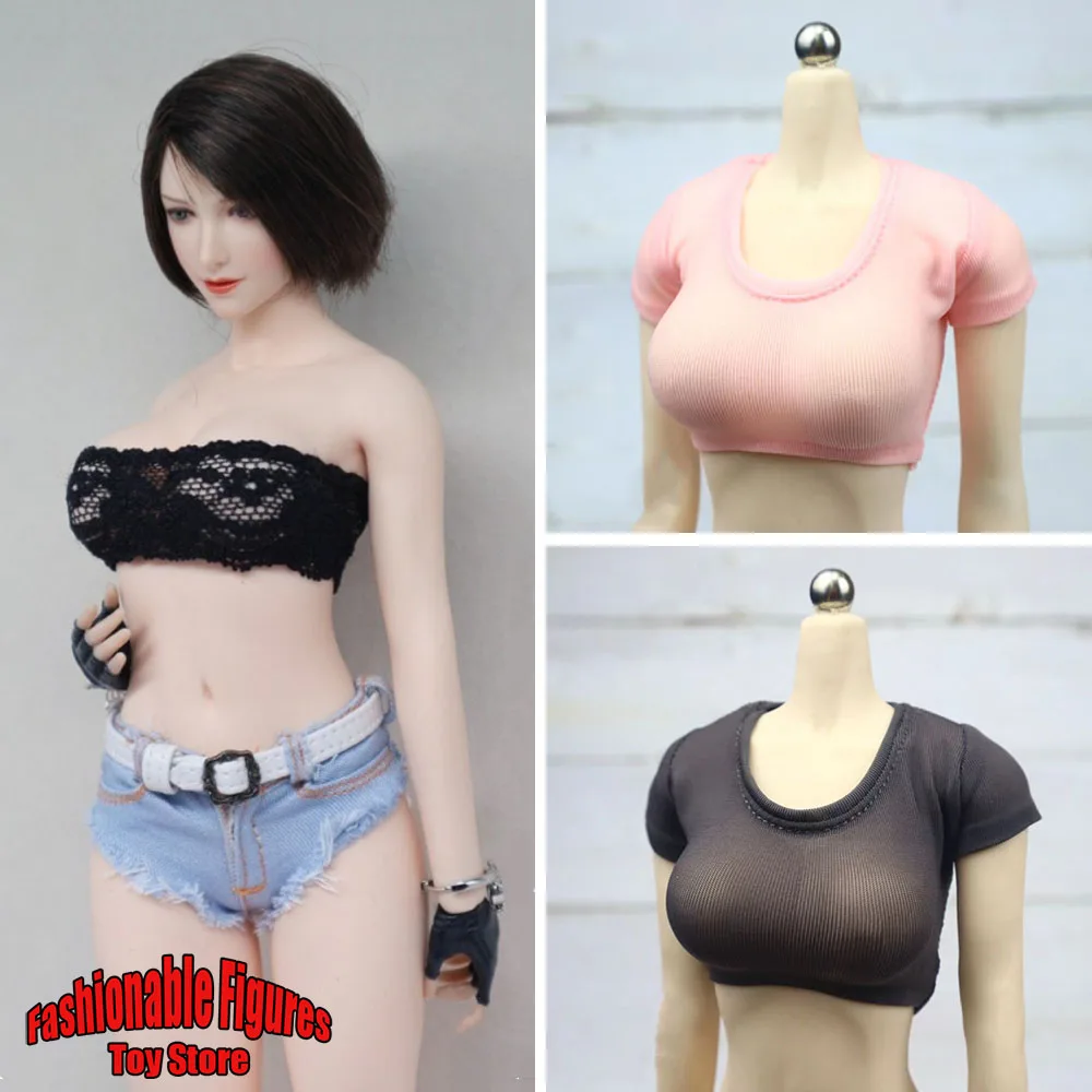 1/6 Women Soldier T-Shirt Elastic Tight Short Crop Top Tank Vest Hot Mini Skirt Leather Belt Fit 12