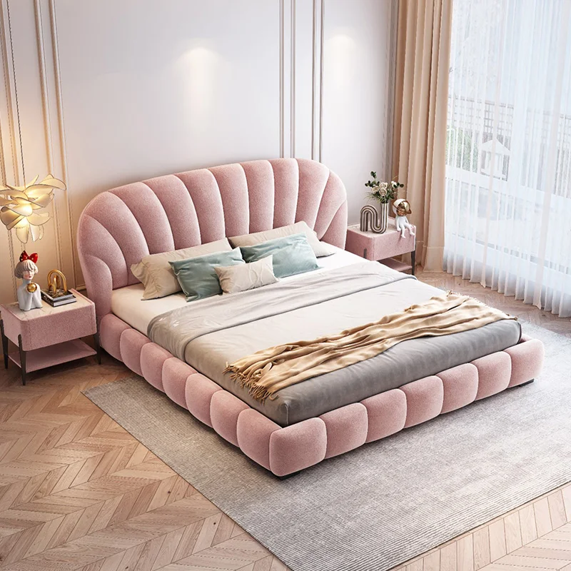 #For High Quality French Shell Bed Light Luxury Bedroom Double Queen Girl Pink Sweet Soft Fabric King Bed Frame