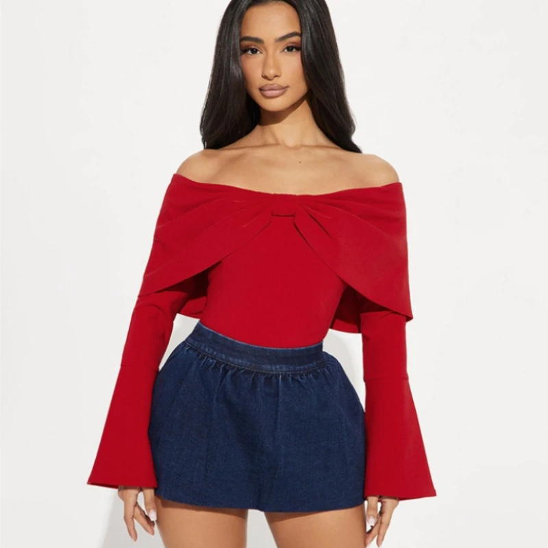 

TARUXY Bow One Shoulder Long-Sleeved T-Shirt Female Fashionable Solid Slim Sexy Bell Sleeve Women's Top Birthday Party Pullover
