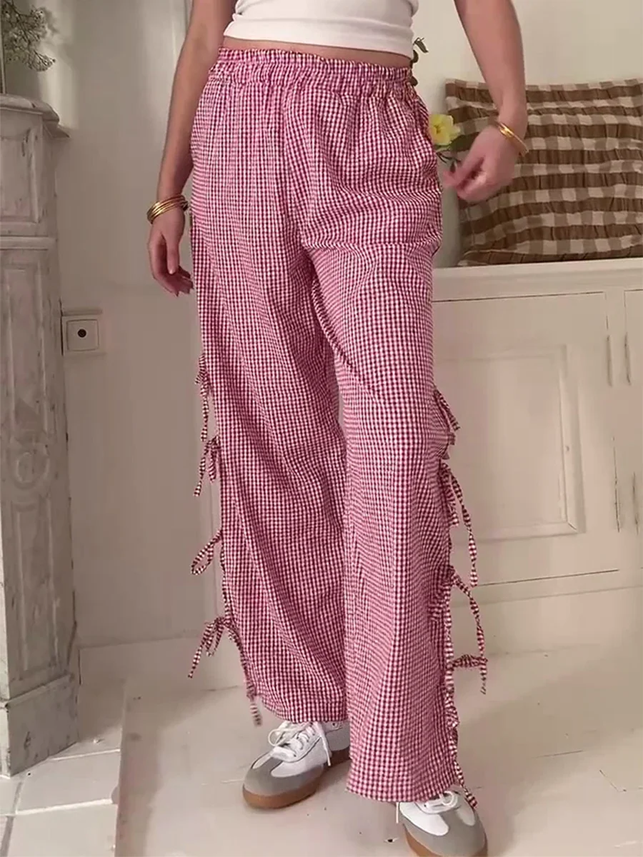 Women Y2k Vintage Plaid Print Fashion Long Pants Side Tie Bow Wide Leg Pants High Waist Gingham Casual Trousers Lounge Pants