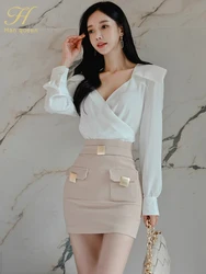 H Han Queen 2023 Women Spring Casual 2 Pieces Set Vintage White V-Neck Tops + Pencil Skirt Korean Elegance Simple Skirts Suits