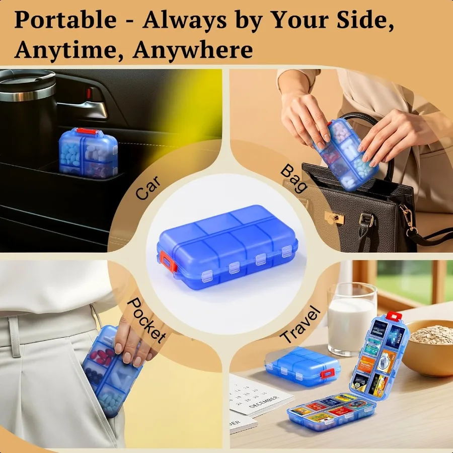 منظم حبوب السفر مع ملصقات وملصقات كبيرة صغيرة ومحمولة للطب اليومي لحقيبة الجيب 14 مقصورة قابلة للطي