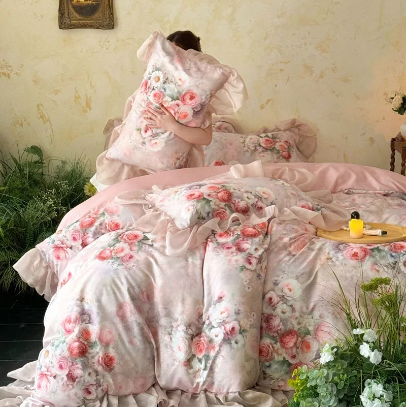 French Floral Print Bedding Sets with Lace Elegant Skin Friendly Cotton Cozy Quilt Cover Set Bare Sleeping Single Double Bed Kit