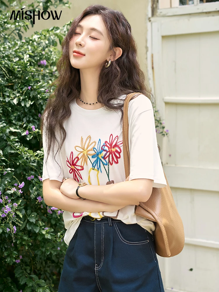 MISHOW 100 Cotton Contrast Color T-shirts 2024 Summer Casual Loose Tees Three-dimensional Flower Embroidery Tops MXD25T0324