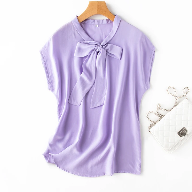 

Женская шелковая футболка из 100% тутового крепа, шелковая верхняя рубашка с короткими рукавами, блузка светло-фиолетового цвета с бантом, 2026, офисная женская рубашка, M, L, XL M1454