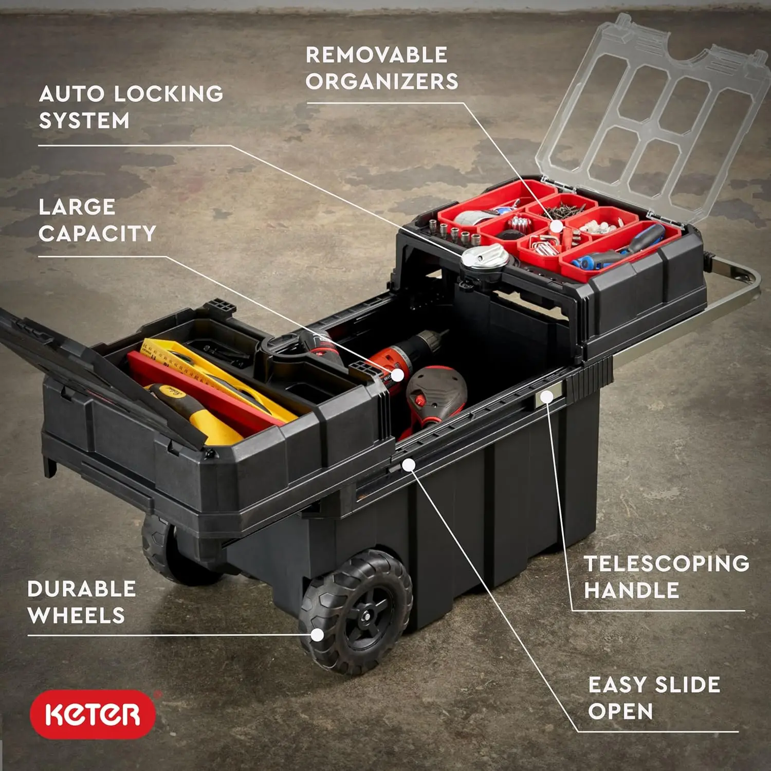 Masterloader-Caja de Herramientas rodantes de resina con sistema de bloqueo y contenedores extraíbles, cofre de organización y almacenamiento perfectos