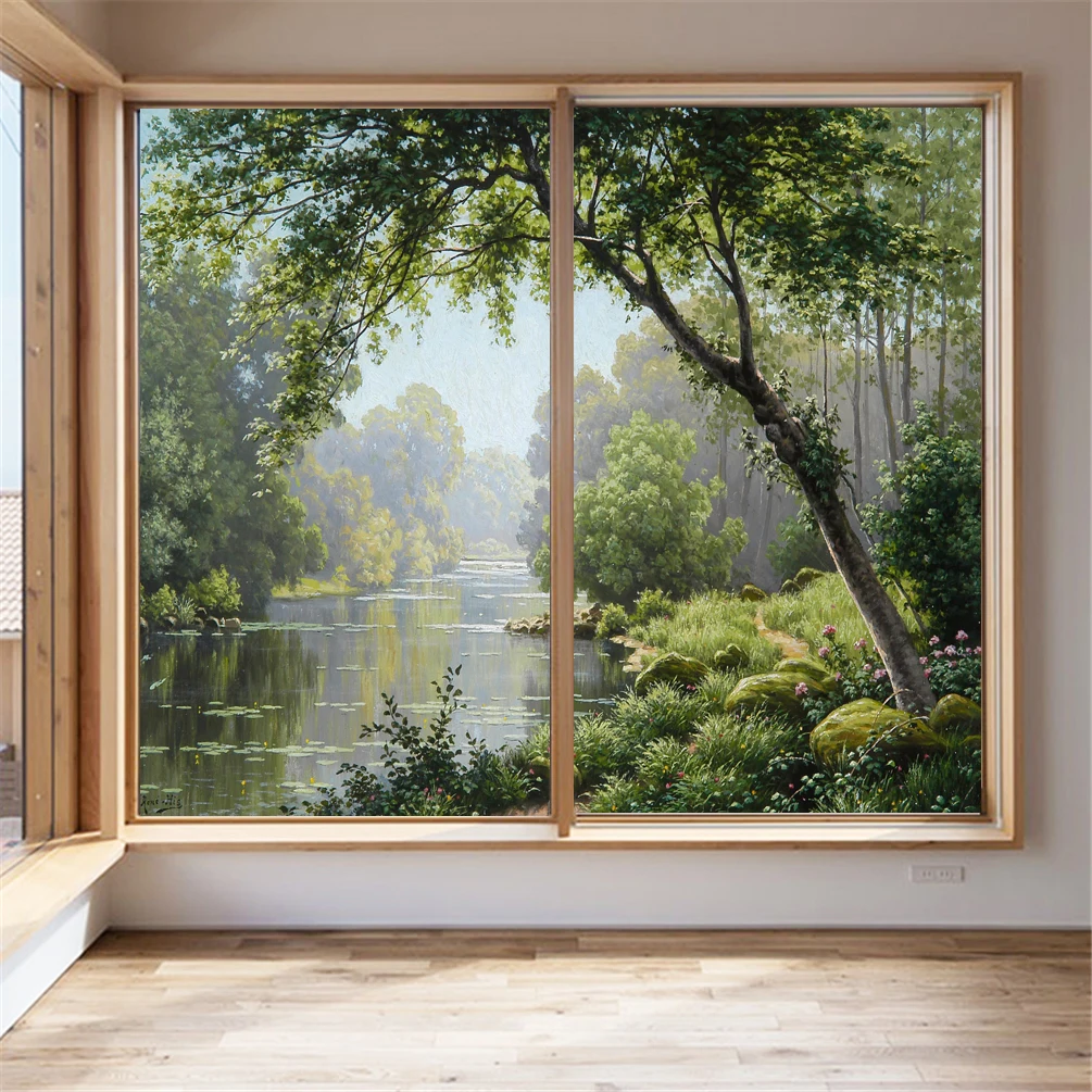 Privacy Windows Film Decorative Forest Creek Painting Stained Glass Window Stickers No Glue Static Cling Frosted Window Cling