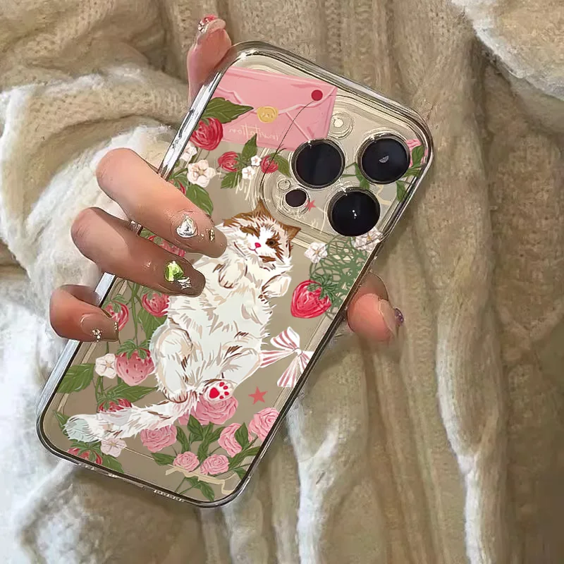 Korean Painted Cat Strawberry Cake Rose Phone Case For iPhone 16 15 14 Pro Max 11 12 13 Mini X XS XR 7 8 Plus Transparent Cover