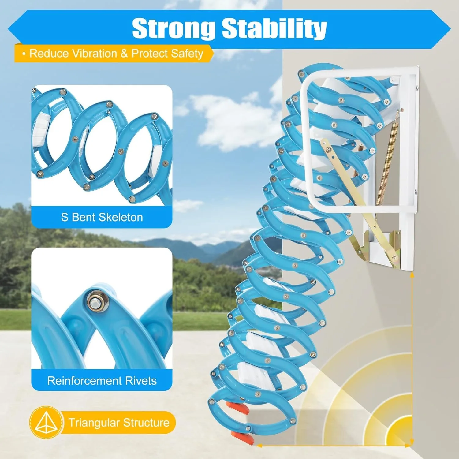 Escada dobrável para sótão, sistema pull down, montado na parede, escada dobrável com braços, não adequada para teto