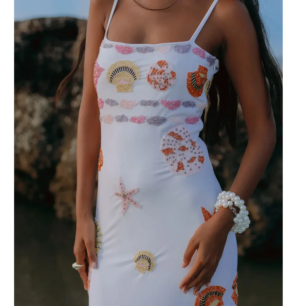 두베스티 여성 스팽글 불가사리 조개 프린트 맥시 드레스 슬리브리스 스퀘어넥 백리스 슬림핏 외출 탱크 드레스 파티 클럽