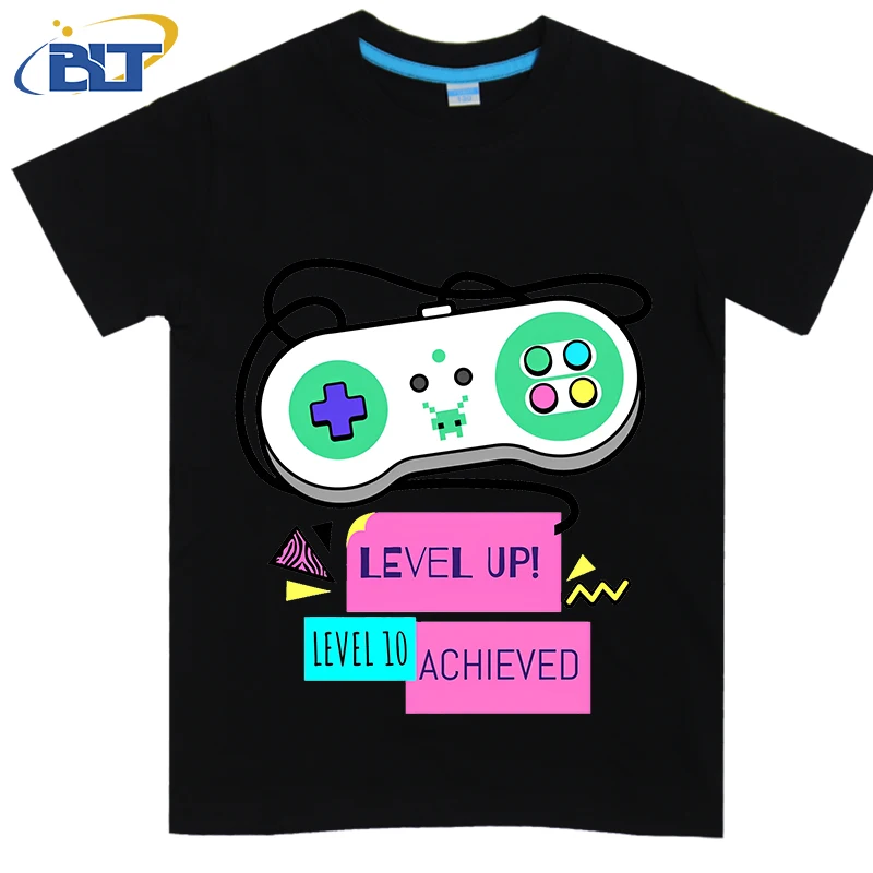 Camiseta impressa para console de jogos de manga curta infantil, blusa casual, de algodão, adequada para meninos e meninas, 10 ° aniversário, verão