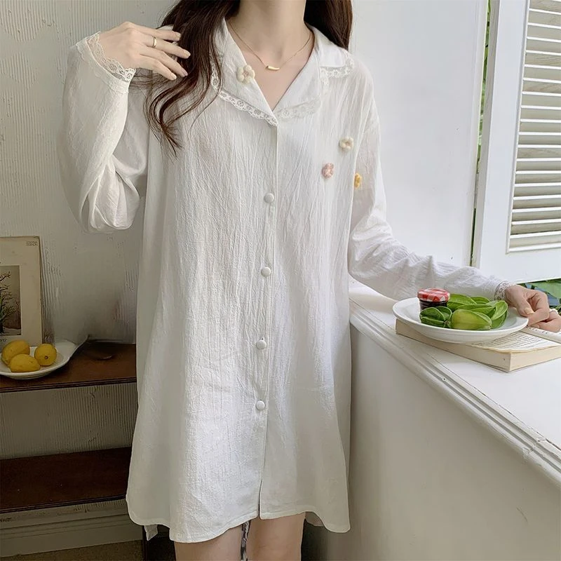 

Summer New Loose Sleepwear Women's Pure Cotton Nightgown Cardigan Long Sleeved Nighty Lapel Thin Nightgown Sweet Cute Homewear