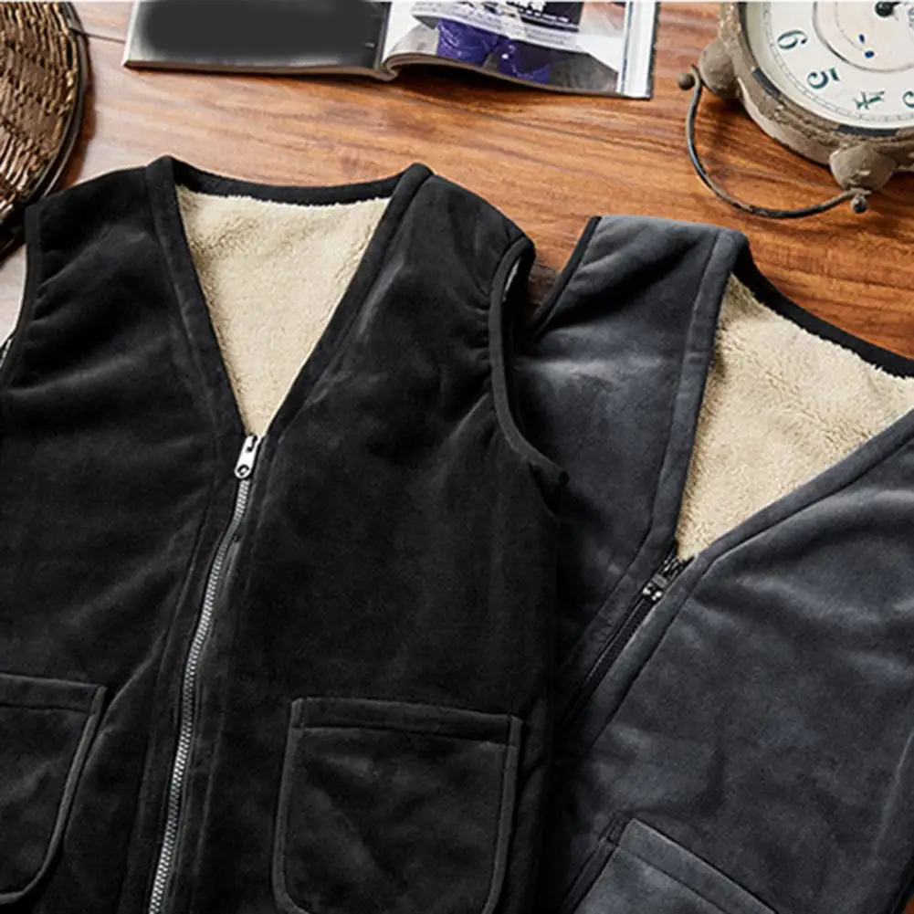 Warm Men Vest Mid-aged Father Jacket Waistcoat with Plush Lining V Neck Zipper Closure Stylish Winter Vest with Pockets for Men