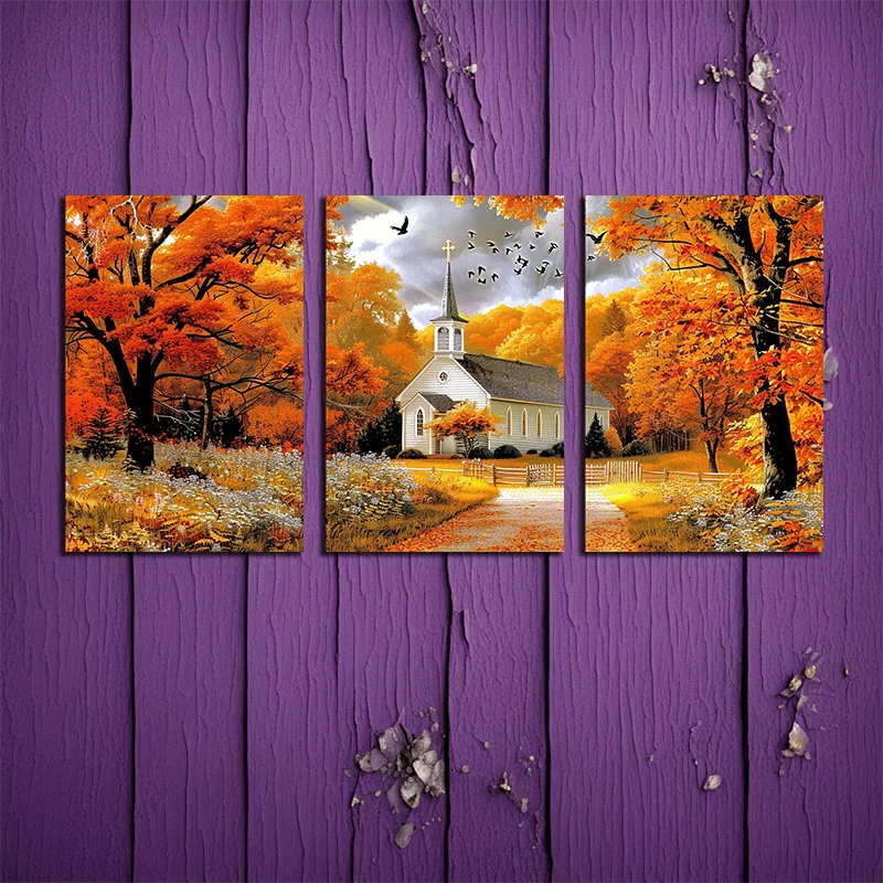 3pcs -Autumn church scenic triptych art Theme Canvas Wall Art Painting, 2D Flat, Suitable for Halloween, Christmas, Winter an