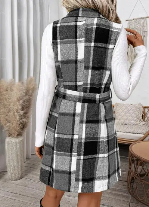 2025 Autumn New Casual Commuting Retro Style Lace Up Lapel Plaid Women's Vest Jacket