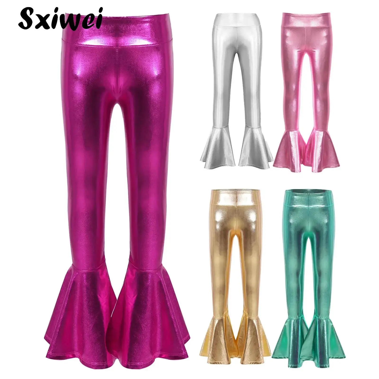 

70S Disco Vintage Flared Trousers Metallic Shiny High Waist Wide Leg Pants Halloween Hippie Bell-Bottom Leggings Dance Costume