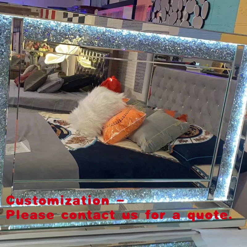 custom.Custom Modern Square LED Light Porch Mirror Silver Color Classic Bedroom Bathroom Wall Decor Glass Pattern Wall Mirro